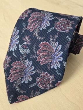 Valentino Navy Floral Silk Tie with Burgundy and Light Blue Accents